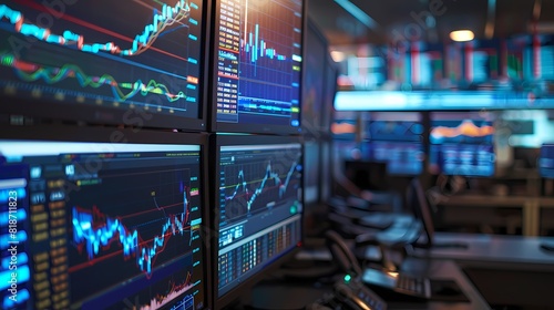Energetic trading room filled with screens displaying market graphs fluctuating in real-time, capturing the dynamic nature of financial markets, all captured with HD clarity. ©  ALLAH LOVE