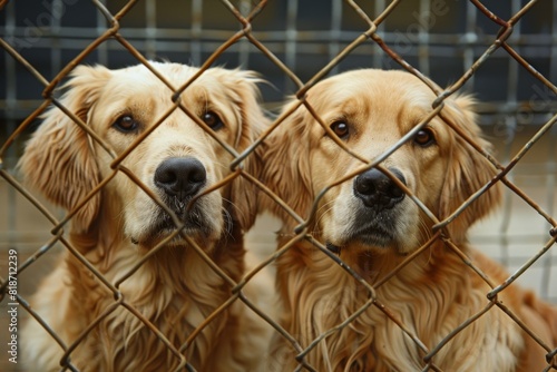 A white-red dog in a shelter for homeless animals stands behind the fence of the aviary and looks out. Animal in a cage. Bottom view.. Beautiful simple AI generated image in 4K, unique.