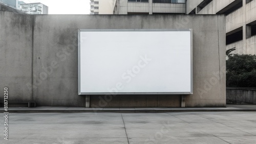 Urban billboard mockup mounted on a concrete wall in a city environment. A large, blank billboard in the middle of a city square. The billboard has a black metal frame. Advertisement concept. AIG35.