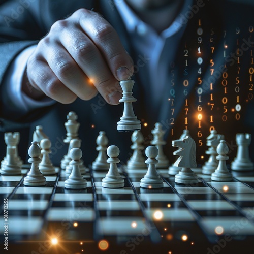 Hand moving king piece on chess board, close-up focus object, with dramatic cinematic digital holography background looking for winning strategy.