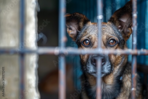 A white-red dog in a shelter for homeless animals stands behind the fence of the aviary and looks out. Animal in a cage. Bottom view.. Beautiful simple AI generated image in 4K, unique. photo