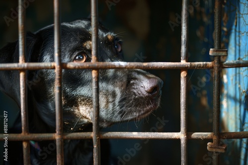 A white-red dog in a shelter for homeless animals stands behind the fence of the aviary and looks out. Animal in a cage. Bottom view.. Beautiful simple AI generated image in 4K, unique. © ArtSpree