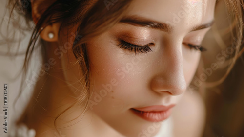 A woman with long brown hair and a pearl earring. She has a light makeup look on her face