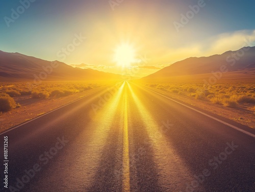A straight road stretches into the horizon under a vibrant sunrise, surrounded by desert terrain and mountains.