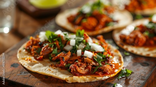 Vibrant Close-up of Tacos al Pastor for Food Poster Generative AI photo