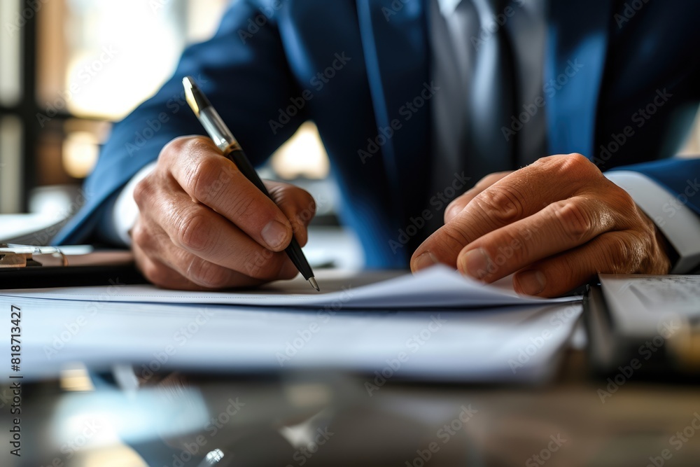Close up of professional business man hands writing a note at table ...