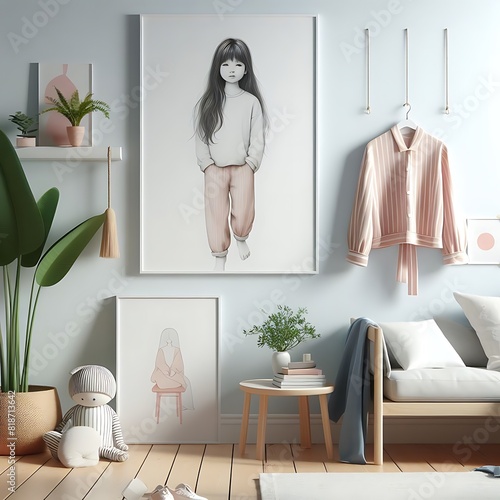 A Room with a mockup poster empty white and with a couch and pictures on the wall realistic card design attractive has illustrative realistic.