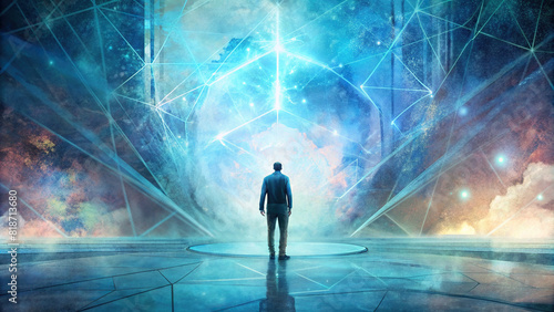 A silhouette of a person standing in front of a glowing abstract digital background, representing the intersection of technology and cyber space