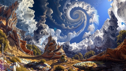 A surrealistic depiction of a mountainous landscape with fantastical rock formations and a sky filled with swirling clouds.
