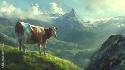 Cow in mountains. Beautiful landscape photo