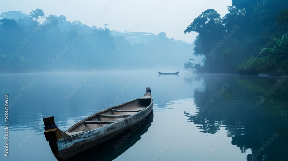 A traditional wooden canoe gliding silently through a misty river, reflecting the serene and nature-friendly aspect of water transport in remote areas.