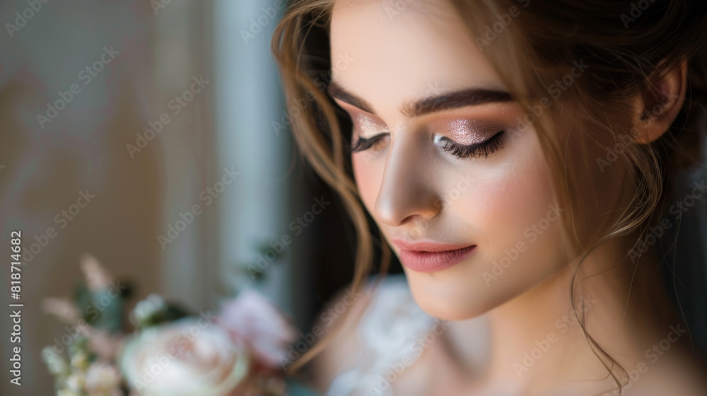A woman with long brown hair and pink eyes is wearing makeup and holding a bouquet of flowers A woman with long brown hair and pink eyes is wearing makeup and holding a bouquet of flowers