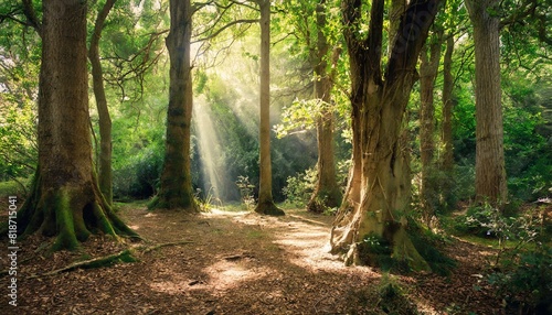 A magical forest glade with dappled sunlight filtering through the trees. 