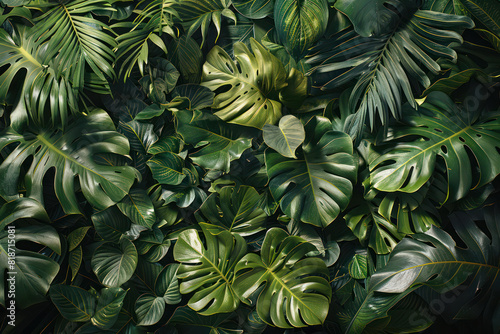 Artistic composition of an assortment of tropical plants with lush green leaves, featuring different textures ideal for a botanical. Flat lay, dark nature concept, tropical leaf. Generative AI