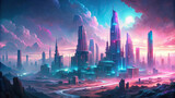 A digital landscape with towering skyscrapers and glowing neon signs, representing a cyberpunk cityscape