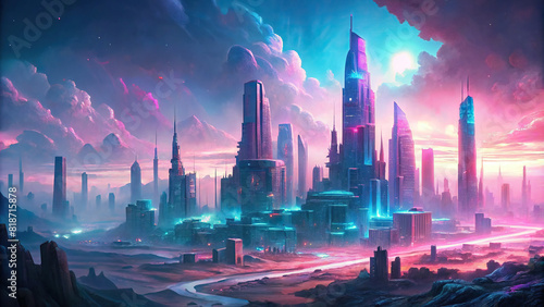 A digital landscape with towering skyscrapers and glowing neon signs, representing a cyberpunk cityscape photo