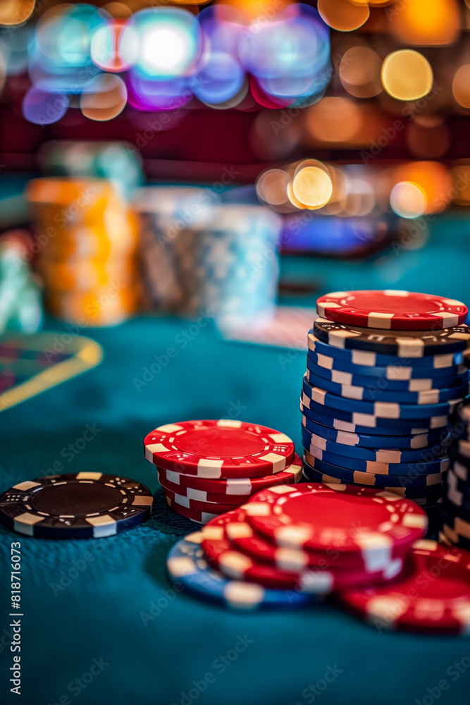 Poker chips on a table with a casino card in the background Poker chips on a table with a casino card in the background
