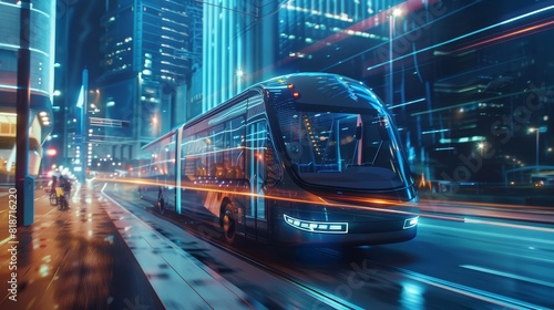 A conceptual stock photo of autonomous public transport, a driverless bus smoothly navigating through a smart city