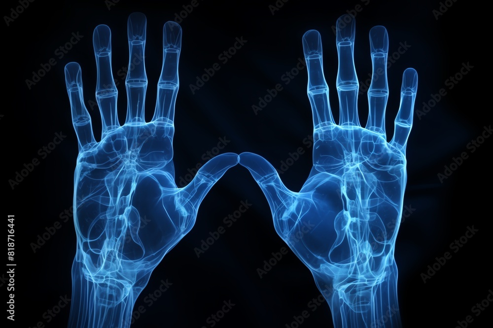 An x-ray of a pair of hands. The bones are visible in detail. An x-ray of a pair of hands. The bones are visible in detail.