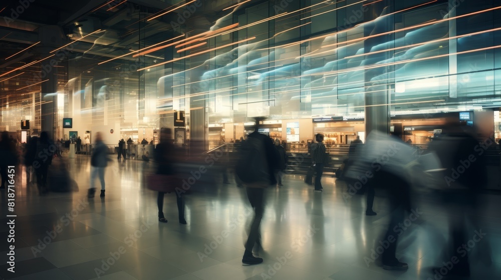 Busy airport terminal with motion blur and flight information 