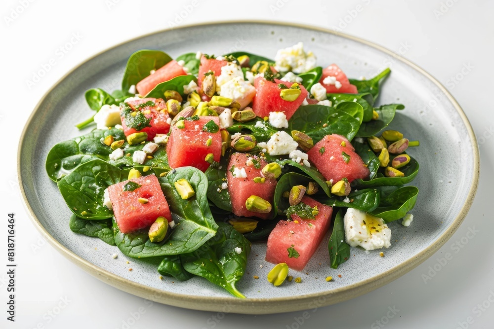 Colorful Summer Salad: Baby Spinach, Watermelon, Feta, and Pistachios Colorful Summer Salad: Baby Spinach, Watermelon, Feta, and Pistachios