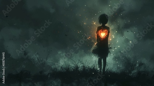 Gothic Art of a silhouette with an ethereal, glowing heart, reflecting emotional depth photo