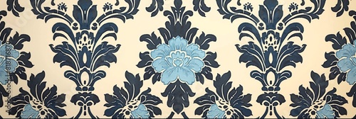 Vintage Blue Floral Damask Pattern on Beige Background