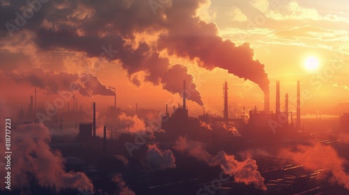 Industrial Pollution at Sunset with Smoke and Chimneys photo
