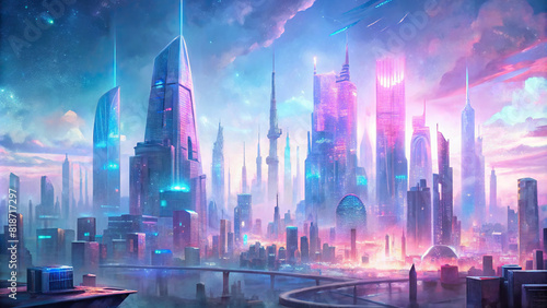 A futuristic city skyline with neon lights and holographic advertisements  depicting the urban landscape of cyber-infused societies