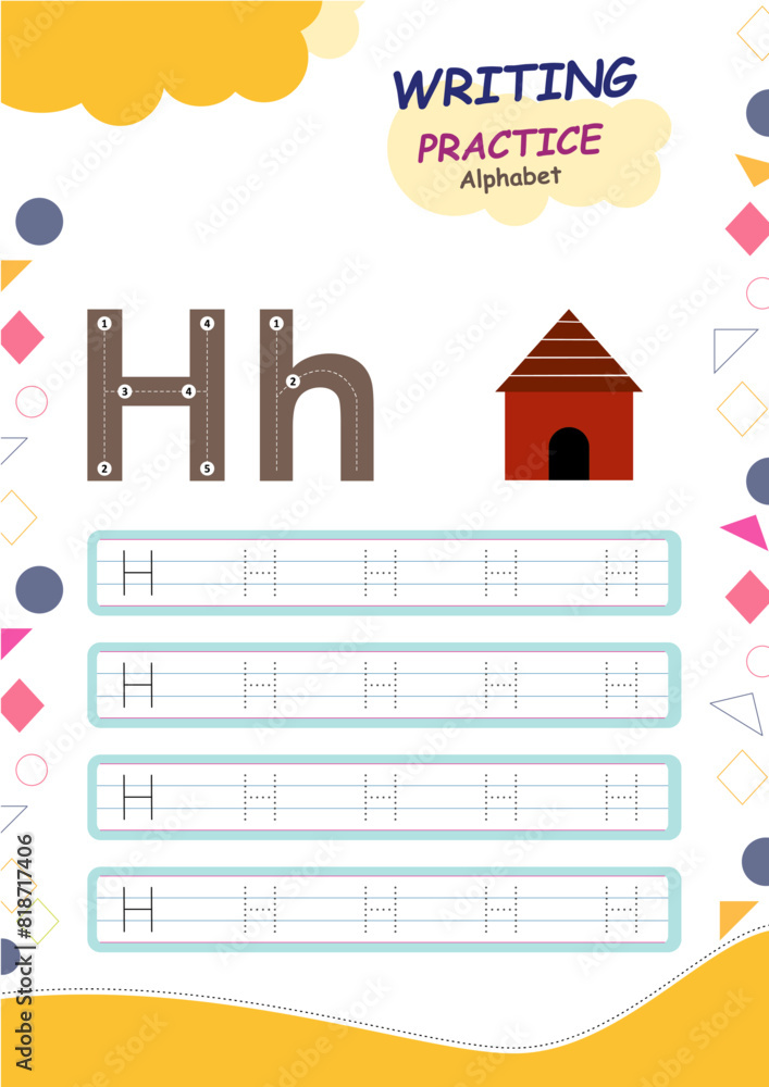 Alphabet Tracing Handwriting Practice Kids Worksheet H for Hut Alphabet Tracing Handwriting Practice Kids Worksheet H for Hut
