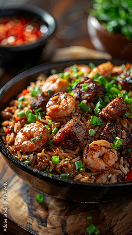 Top angle view of a flavorful jambalaya dish, rich and hearty, set on a white background Top angle view of a flavorful jambalaya dish, rich and hearty, set on a white background