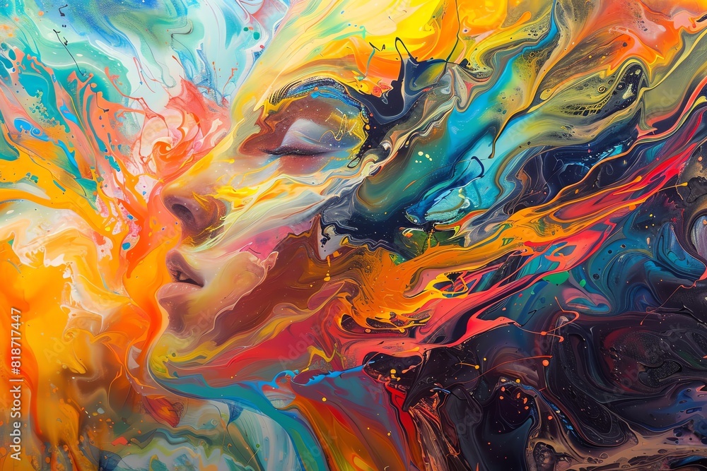 Illustrate the depth of human emotions in an abstract composition from a worms-eye view, mixing swirling emotions, tangled thoughts, and bursts of vivid color in an oil painting