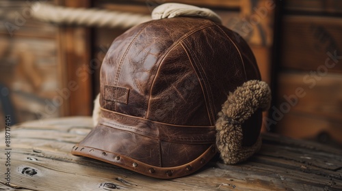 A vintage aviator cap in leather with shearling lining, offering a stylish and cozy option for cold weather while nodding to retro aviation fashion. photo