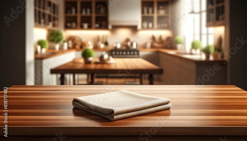 Bright kitchen with wooden countertops  copy space  and folded cloth on the table.