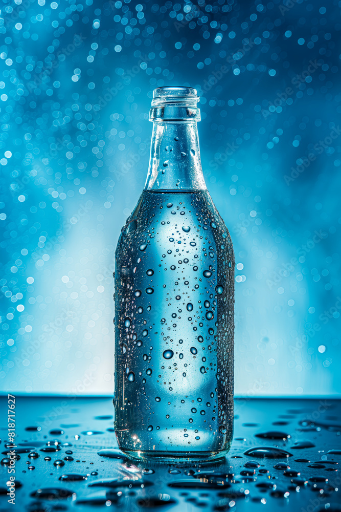 Bottle of water with droplets on blue background Bottle of water with droplets on blue background
