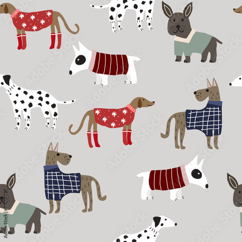 seamless pattern with cute dogs in Scandinavian style on a white background. Pattern for kids with dogs. Dogs print. Cute baby animals. Fabric design
