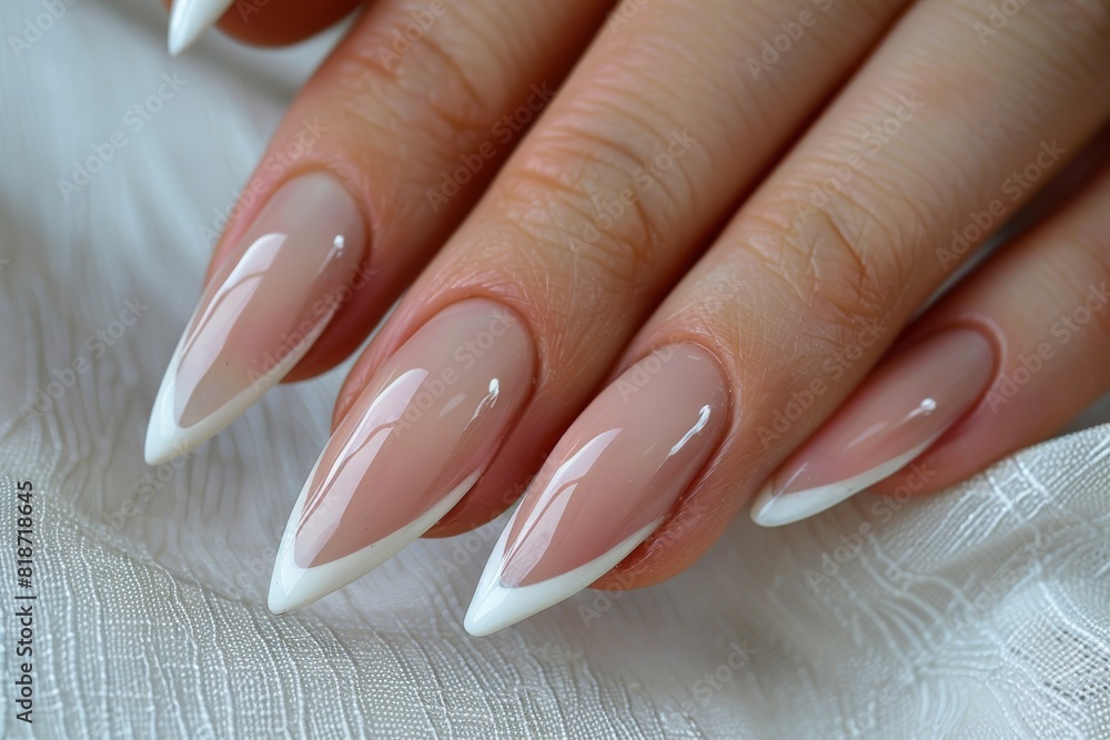 Close-up french manicure on a white background. Well-groomed female hands. Healthy nail enamel.. Beautiful simple AI generated image in 4K, unique. Close-up french manicure on a white background. Well-groomed female hands. Healthy nail enamel.. Beautiful simple AI generated image in 4K, unique.