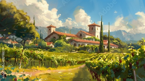 A winery nestled among verdant vineyards, with grapevines laden with clusters of grapes, illustrating the picturesque charm and abundance of a thriving wine region. photo