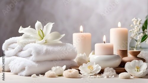 White luxurious concept spa background towel bathroom massage candle bath. Aromatherapy flower accessories  zen therapy  white wellness spa background towel  aroma beauty setting table salt