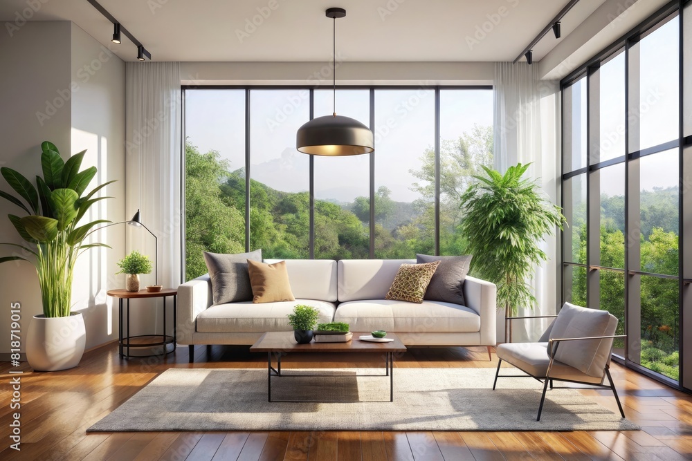 Fototapeta premium Modern Living Room with Natural Light. Minimalist Decor Concept. Bright and airy living room with a minimalist aesthetic, featuring a white sofa, simple furniture, and large windows.