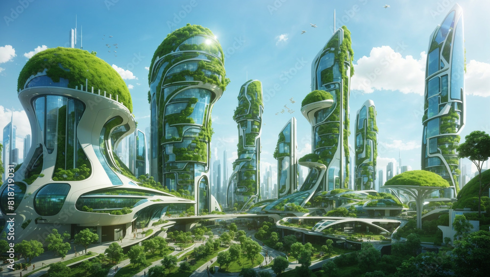 The image shows a futuristic city with many tall buildings covered in plants and trees.