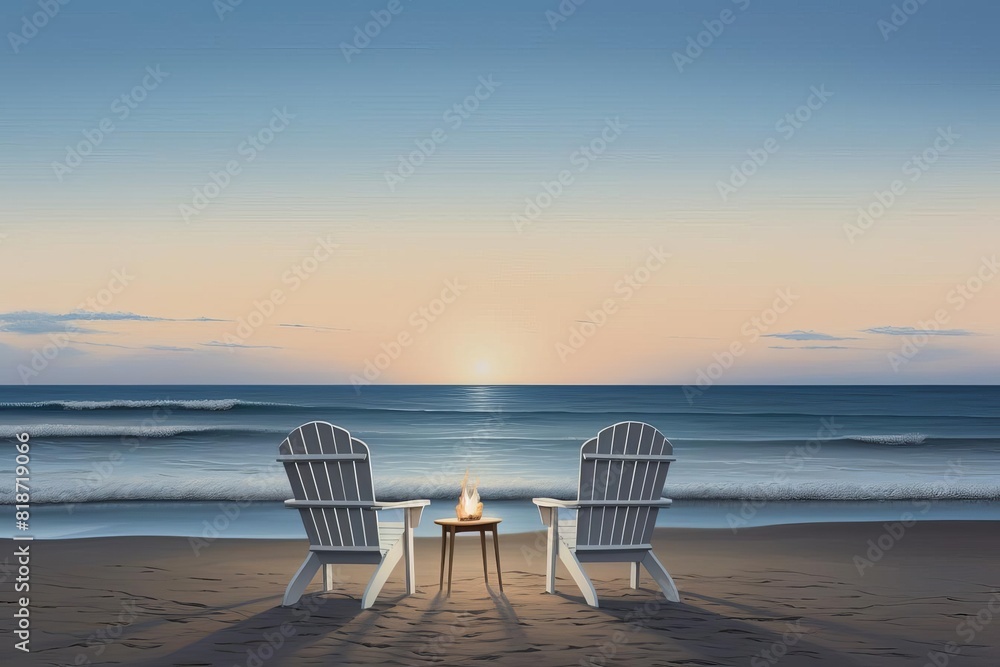 Two beach chairs sit on the sand as the sun sets over the ocean.