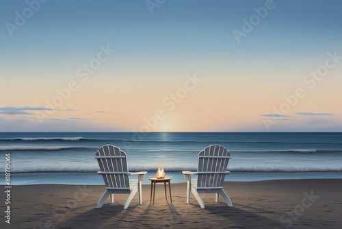 Two beach chairs sit on the sand as the sun sets over the ocean. © sorrakrit