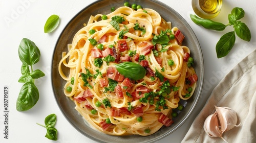 Top angle view of a plate of carbonara pasta, creamy texture, white background