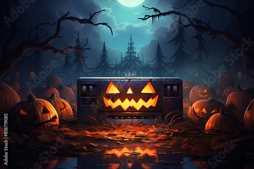 This is a spooky Halloween background with a haunted house, creepy trees, and a glowing jack-o-lantern. photo