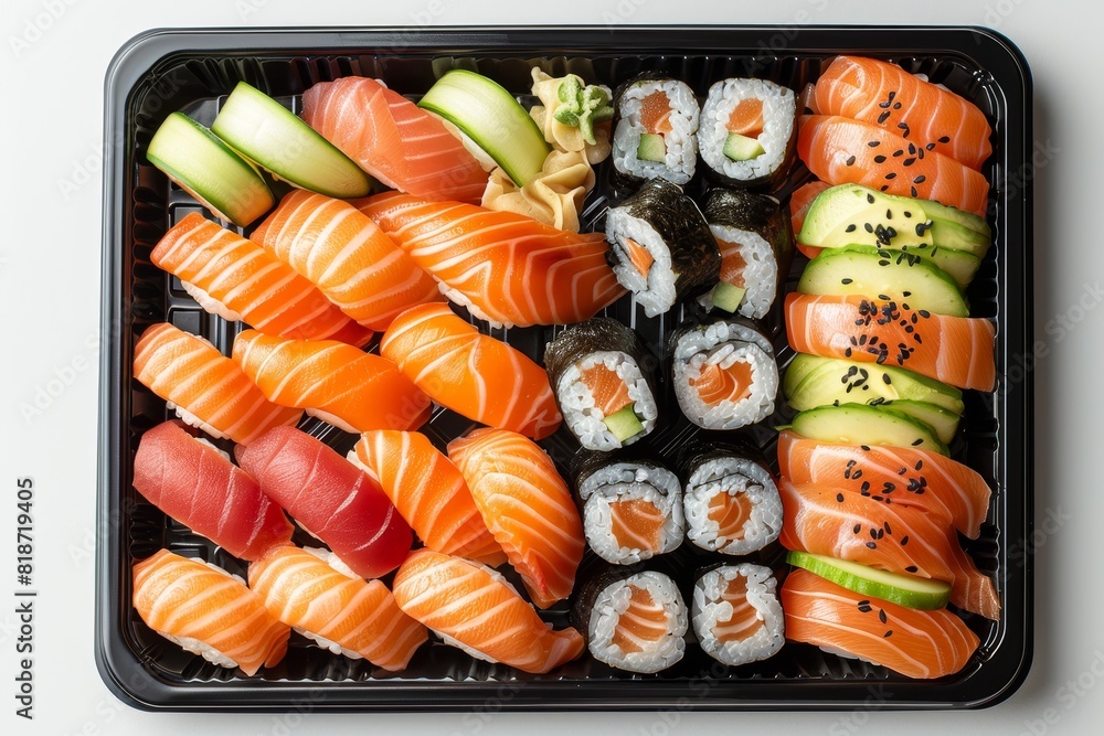 Minimalist presentation of sushi on a white background, captured from a top angle view Minimalist presentation of sushi on a white background, captured from a top angle view