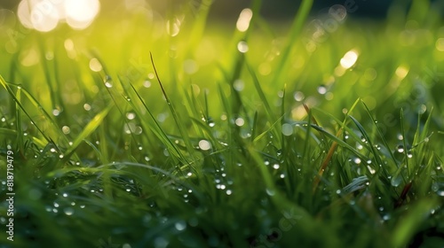 Fresh green grass with dew drops closeup. Nature background.