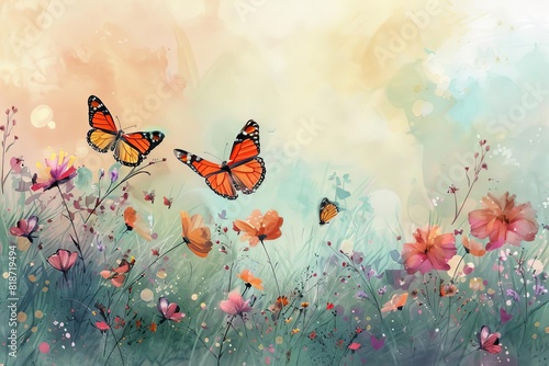 butterflies meadow flowers nature whimsical dancing watercolor dreamy colorful springtime botanical floral surreal fantasy landscape illustration digital painting  #818719494