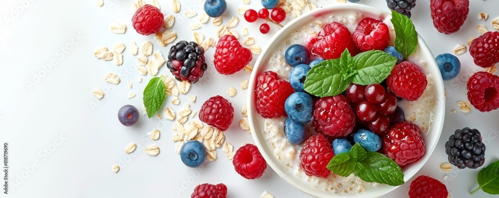 Top view of a bowl filled with oatmeal and fresh fruits, set against a white background Top view of a bowl filled with oatmeal and fresh fruits, set against a white background