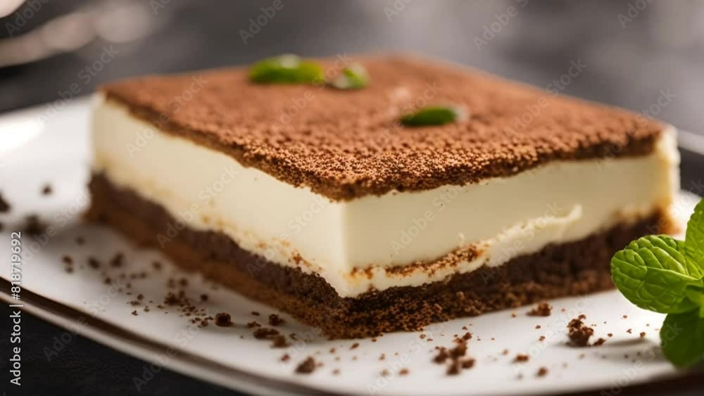 a piece of cake on a plate with a mint leaf on top a piece of cake on a plate with a mint leaf on top